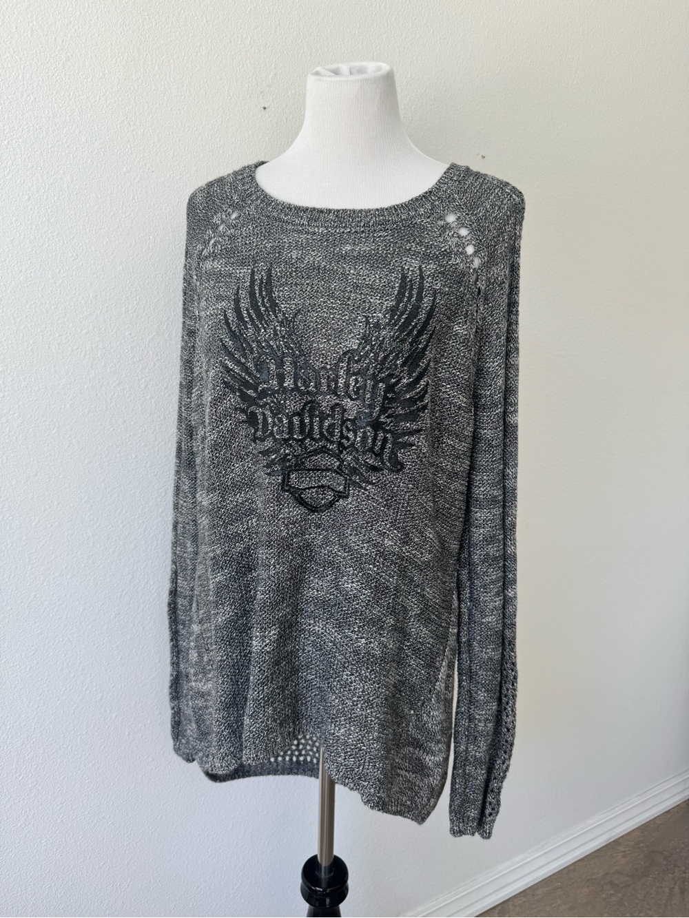 Women’s Harley-Davidson Gray Open Knit Sweater with Logo